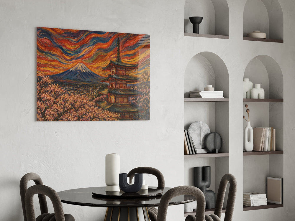 Mount Fuji Pagoda Munch Style Glass Wall Art