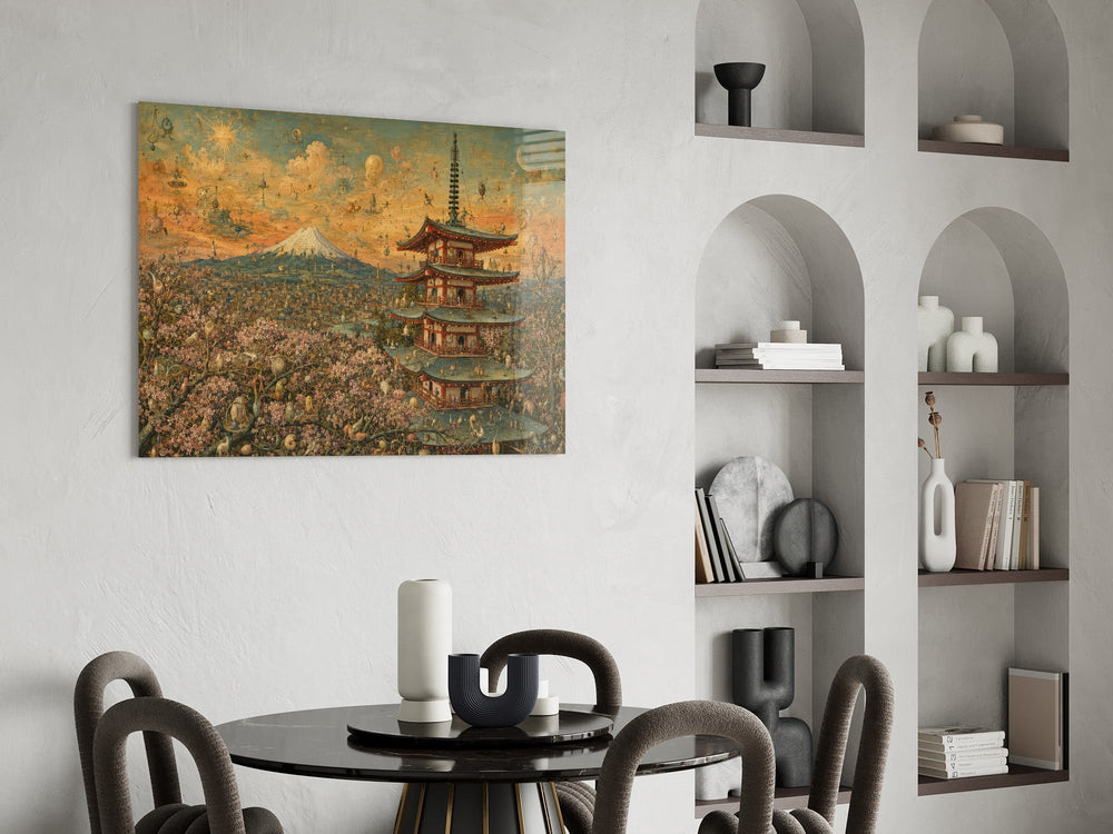 Mount Fuji Pagoda Bosch Style Glass Wall Art