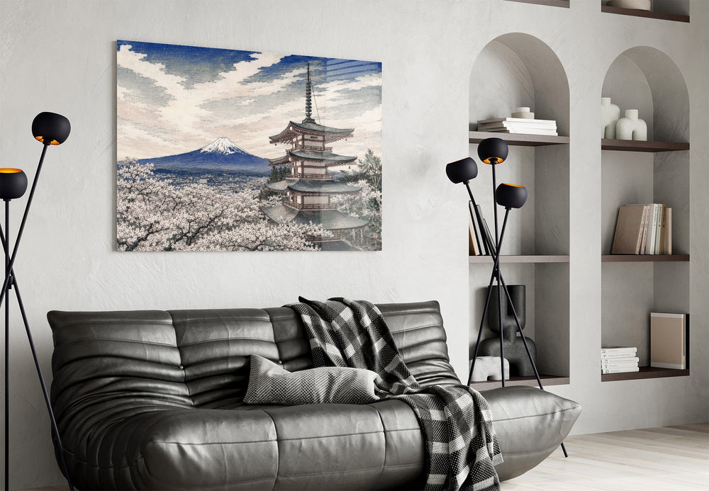Mount Fuji Pagoda Hokusai Style Glass Wall Art