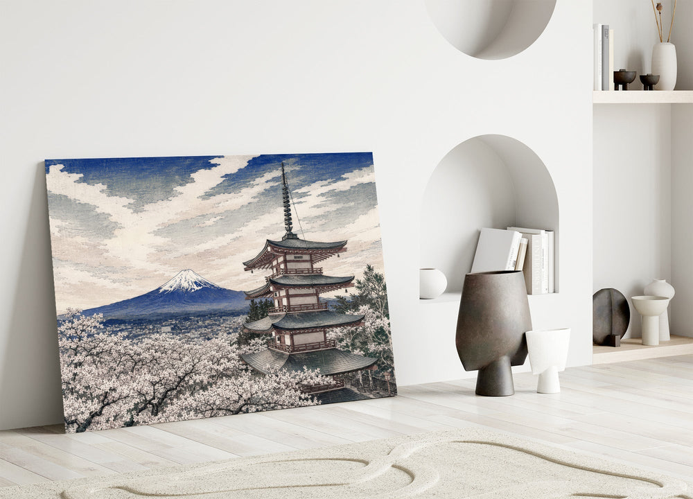 Mount Fuji Pagoda Hokusai Style Glass Wall Art