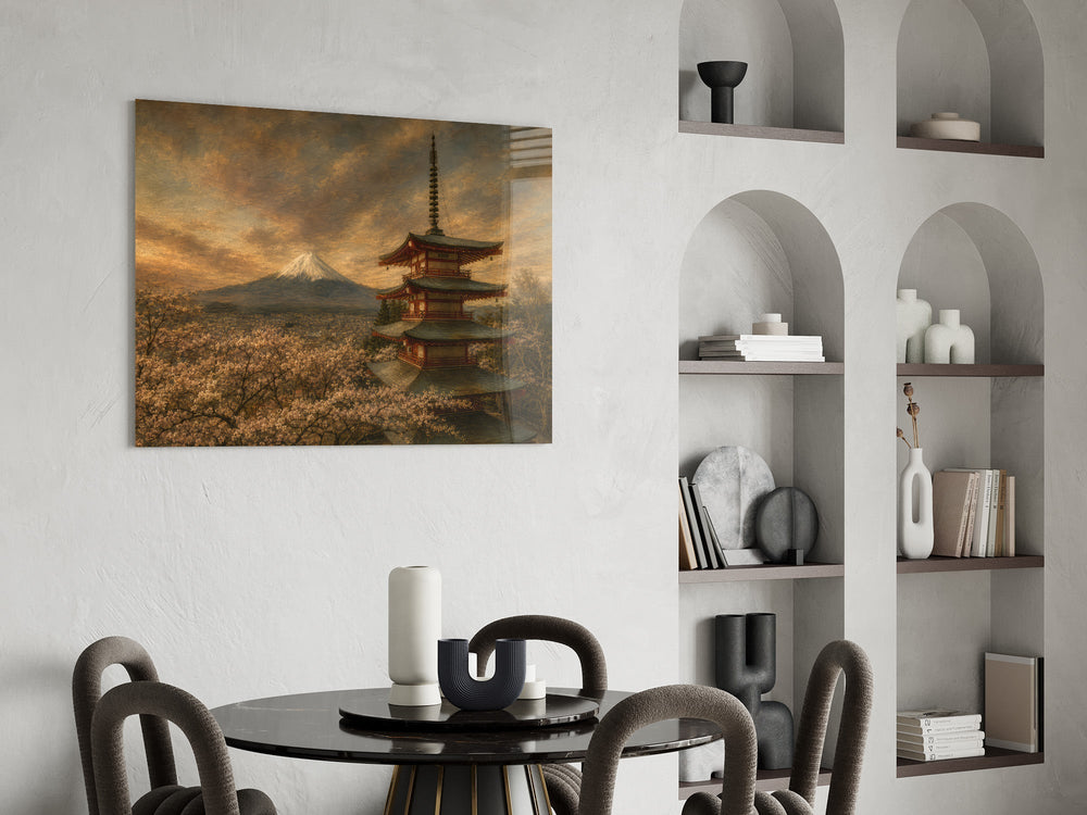 Mount Fuji Pagoda Da Vinci Style Glass Wall Art
