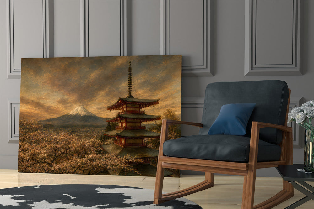 Mount Fuji Pagoda Da Vinci Style Glass Wall Art
