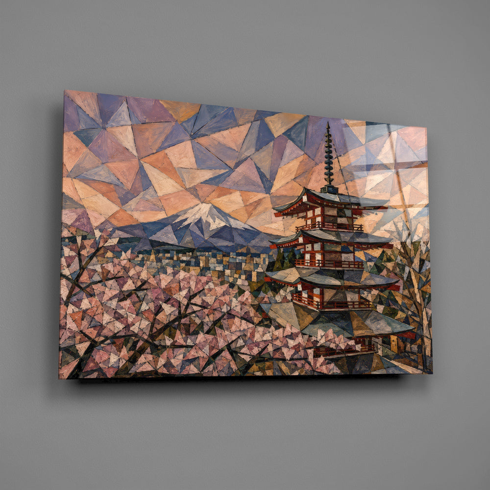 Mount Fuji Pagoda Cubist Style Glass Wall Art