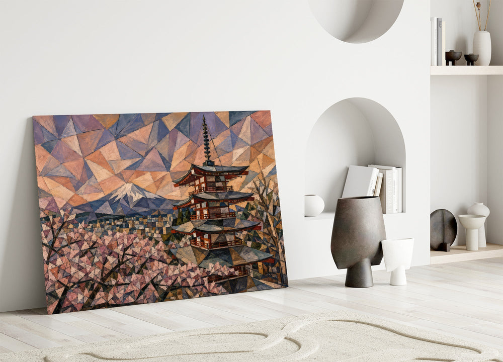 Mount Fuji Pagoda Cubist Style Glass Wall Art