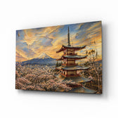 Mount Fuji Pagoda Surrealist Style Glass Wall Art