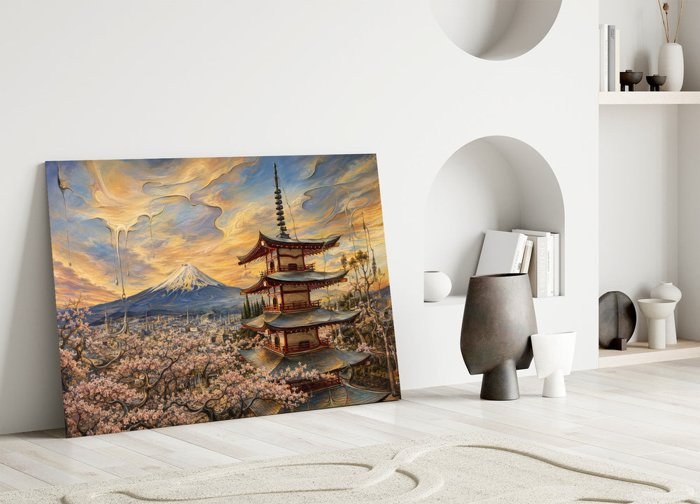 Mount Fuji Pagoda Surrealist Style Glass Wall Art