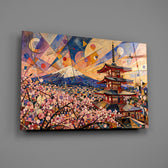 Mount Fuji Pagoda Kandinsky Style Glass Wall Art