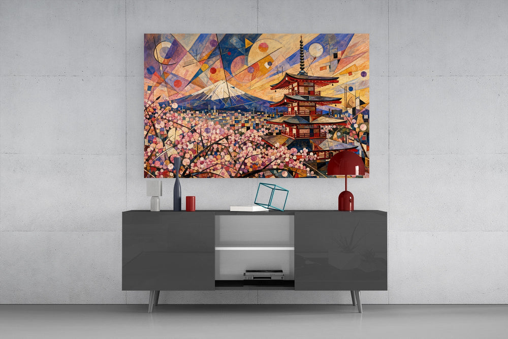 Mount Fuji Pagoda Kandinsky Style Glass Wall Art