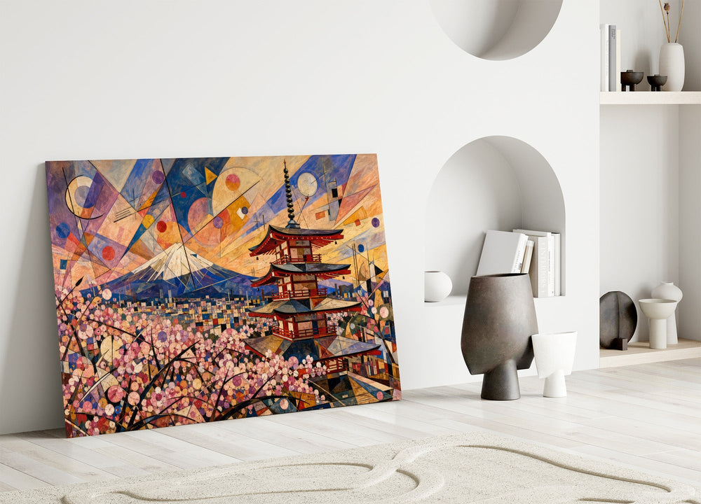 Mount Fuji Pagoda Kandinsky Style Glass Wall Art