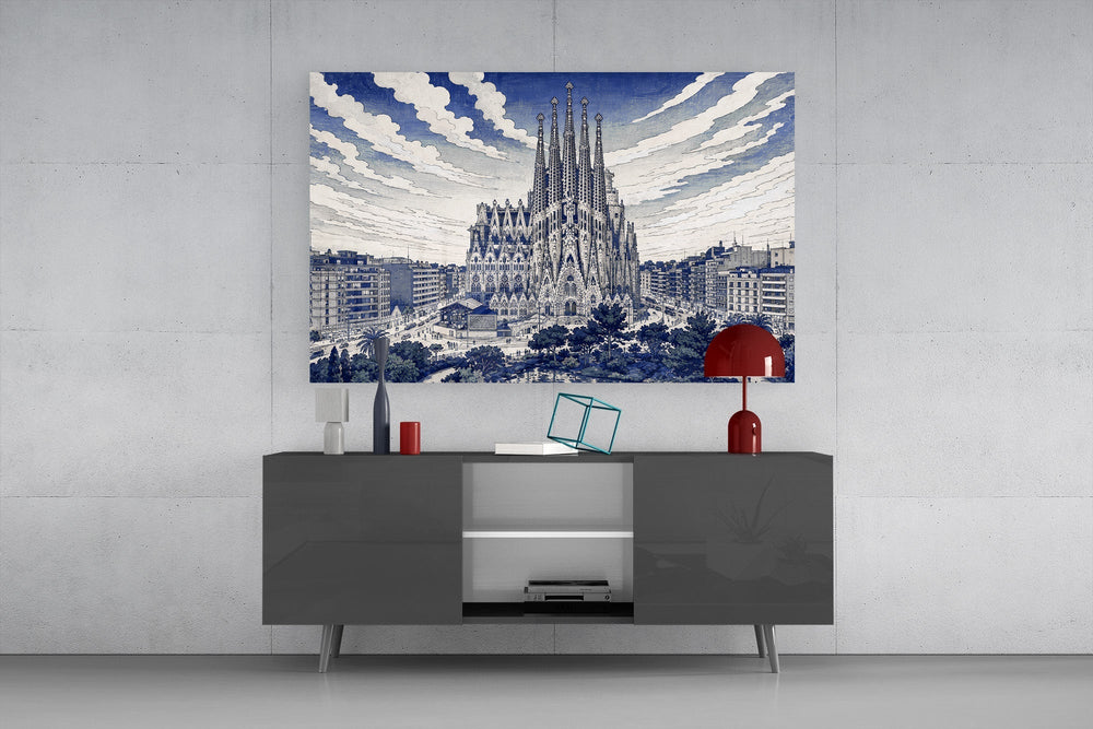 Sagrada Familia Hokusai Style Glass Wall Art