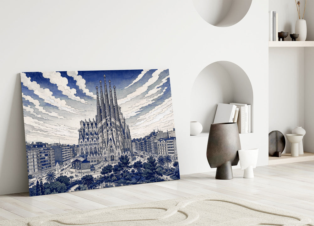 Sagrada Familia Hokusai Style Glass Wall Art