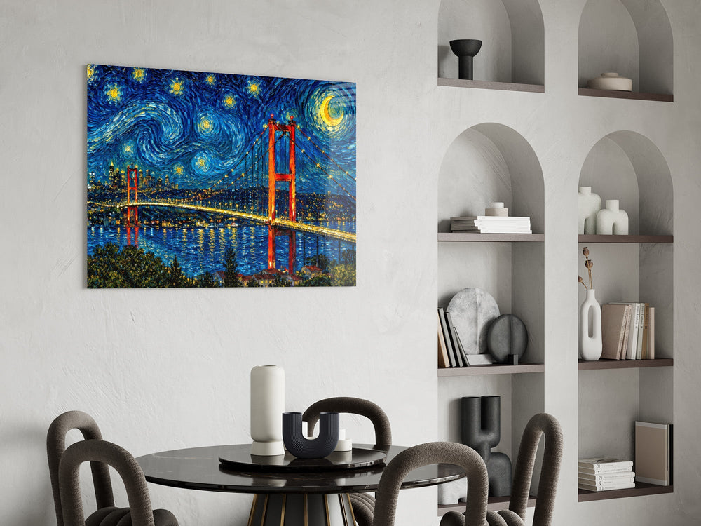 Istanbul Bosphorus Bridge Van Gogh Style Glass Wall Art