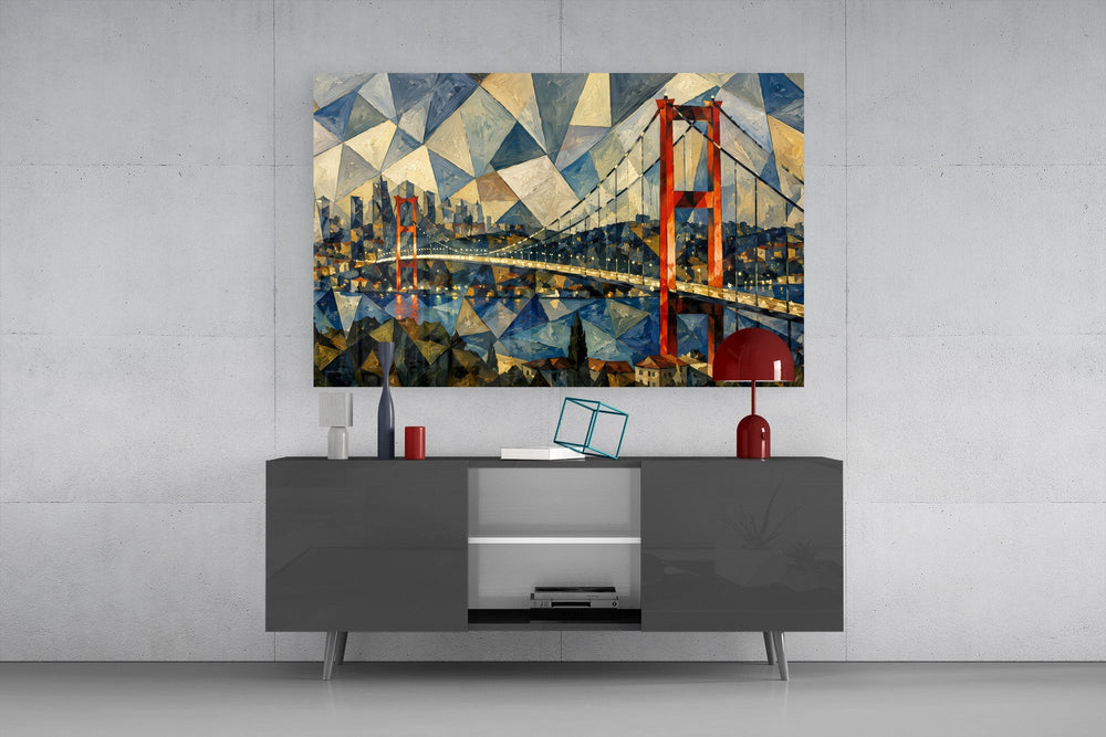 Istanbul Bosphorus Bridge Cubist Style Glass Wall Art