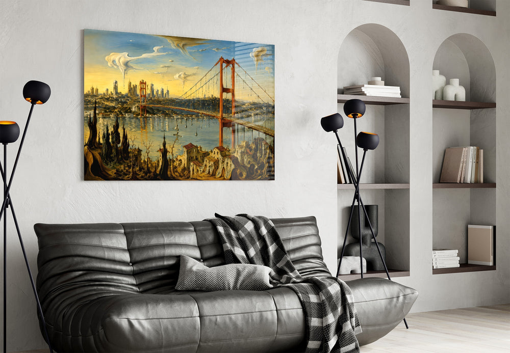 Istanbul Bosphorus Bridge Surrealist Style Glass Wall Art