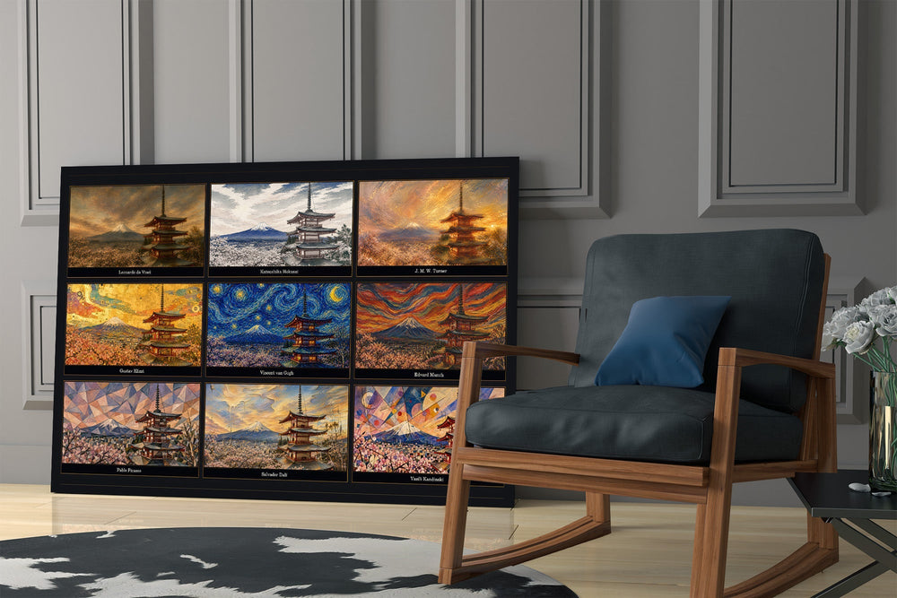 Mount Fuji Nine Painting Styles Collage Glass Wall Art