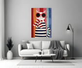 Striped Cat in Red Sunglasses Naive Art Glass Wall Art
