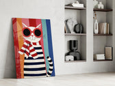 Striped Cat in Red Sunglasses Naive Art Glass Wall Art