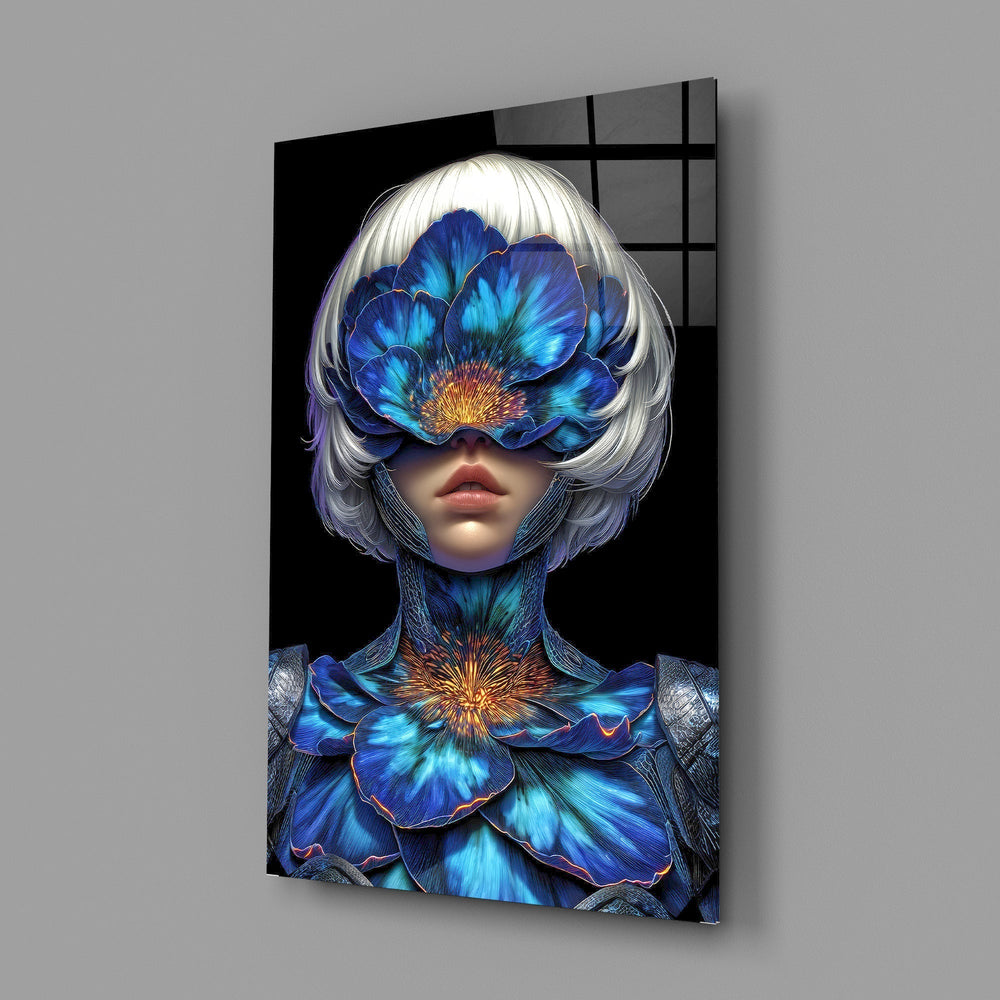 Blue Orchid Masked Woman Surreal Glass Wall Art