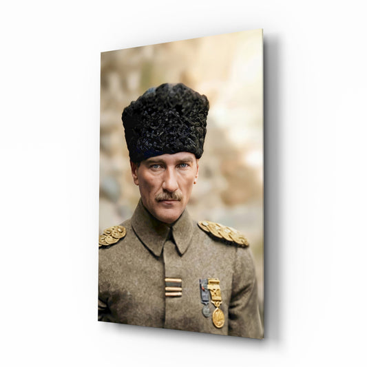 Atatürk Portrait in Kalpak Colourised Glass Wall Art