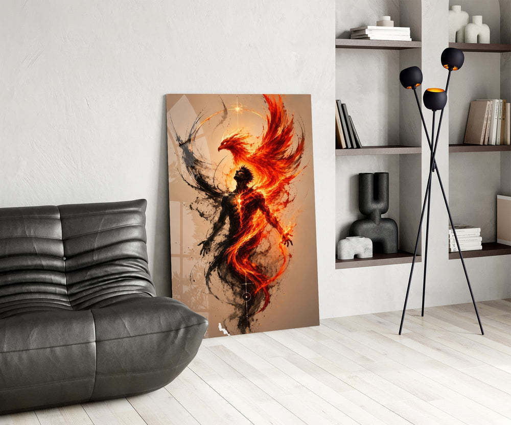 Rising Phoenix Fire and Ink Figure Glass Wall Art