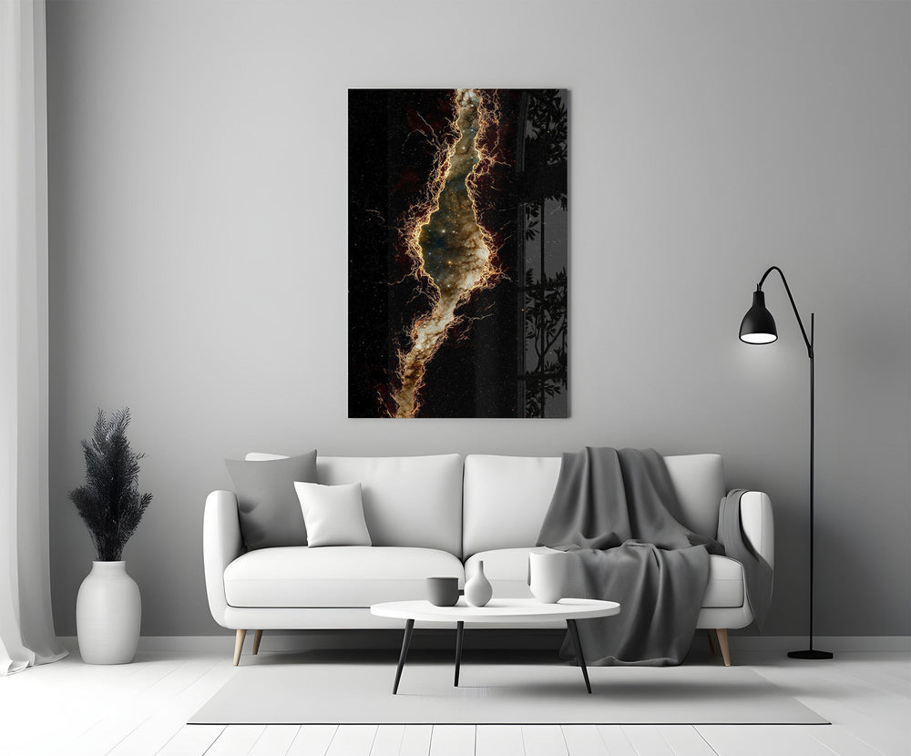 Golden Rift Lightning Nebula Glass Wall Art