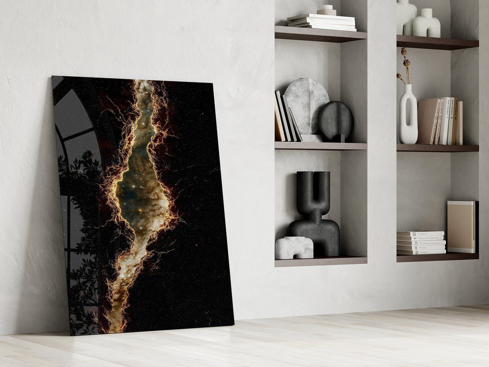 Golden Rift Lightning Nebula Glass Wall Art