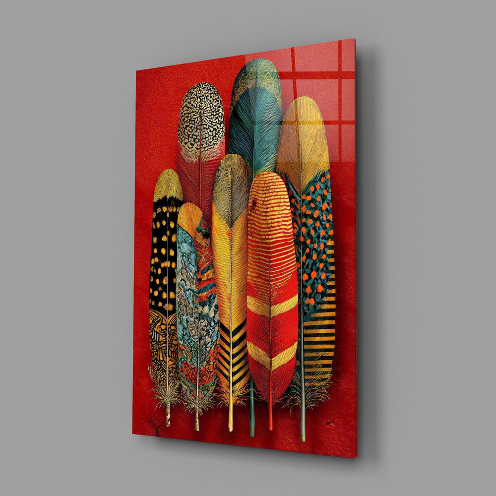 Patterned Feather Collection Red Ground Glass Wall Art