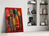 Patterned Feather Collection Red Ground Glass Wall Art