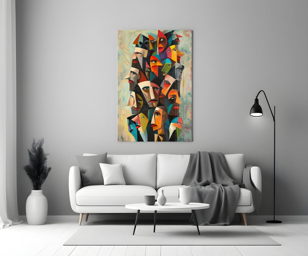 Cubist Faces Bright Colour Crowd Glass Wall Art