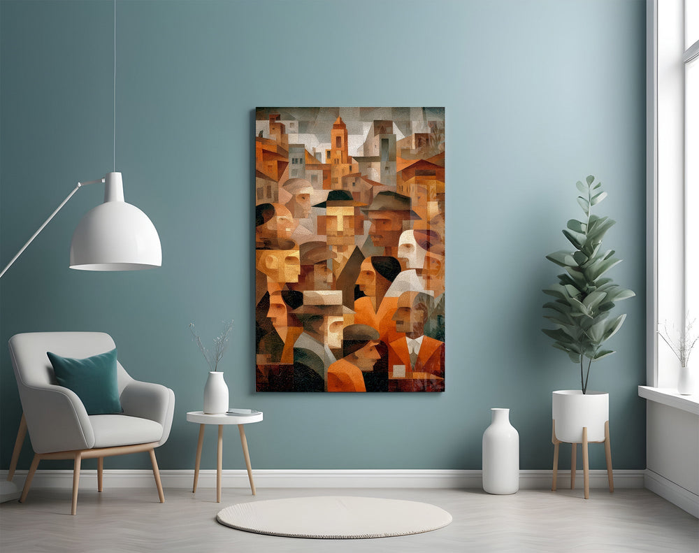 Cubist Town Crowd Terracotta Glass Wall Art