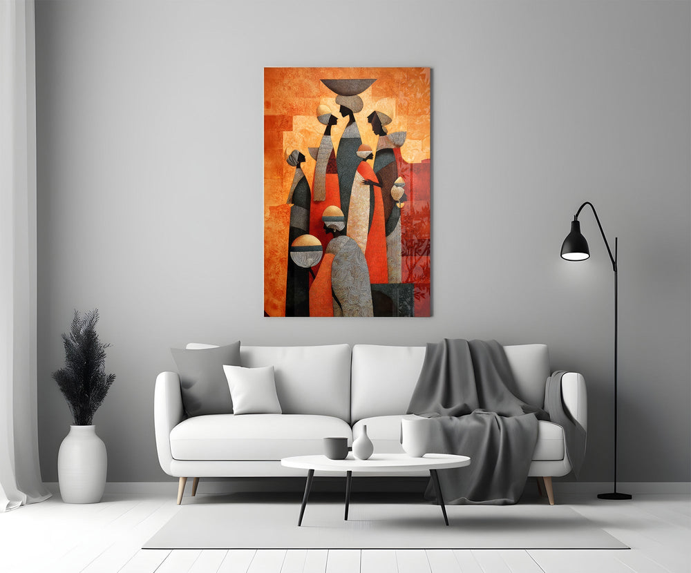 Women Carrying Vessels Terracotta Figures Glass Wall Art