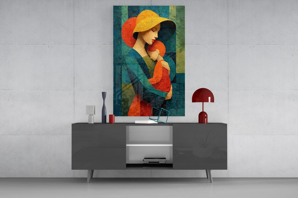 Mother and Child Yellow Hat Textured Glass Wall Art