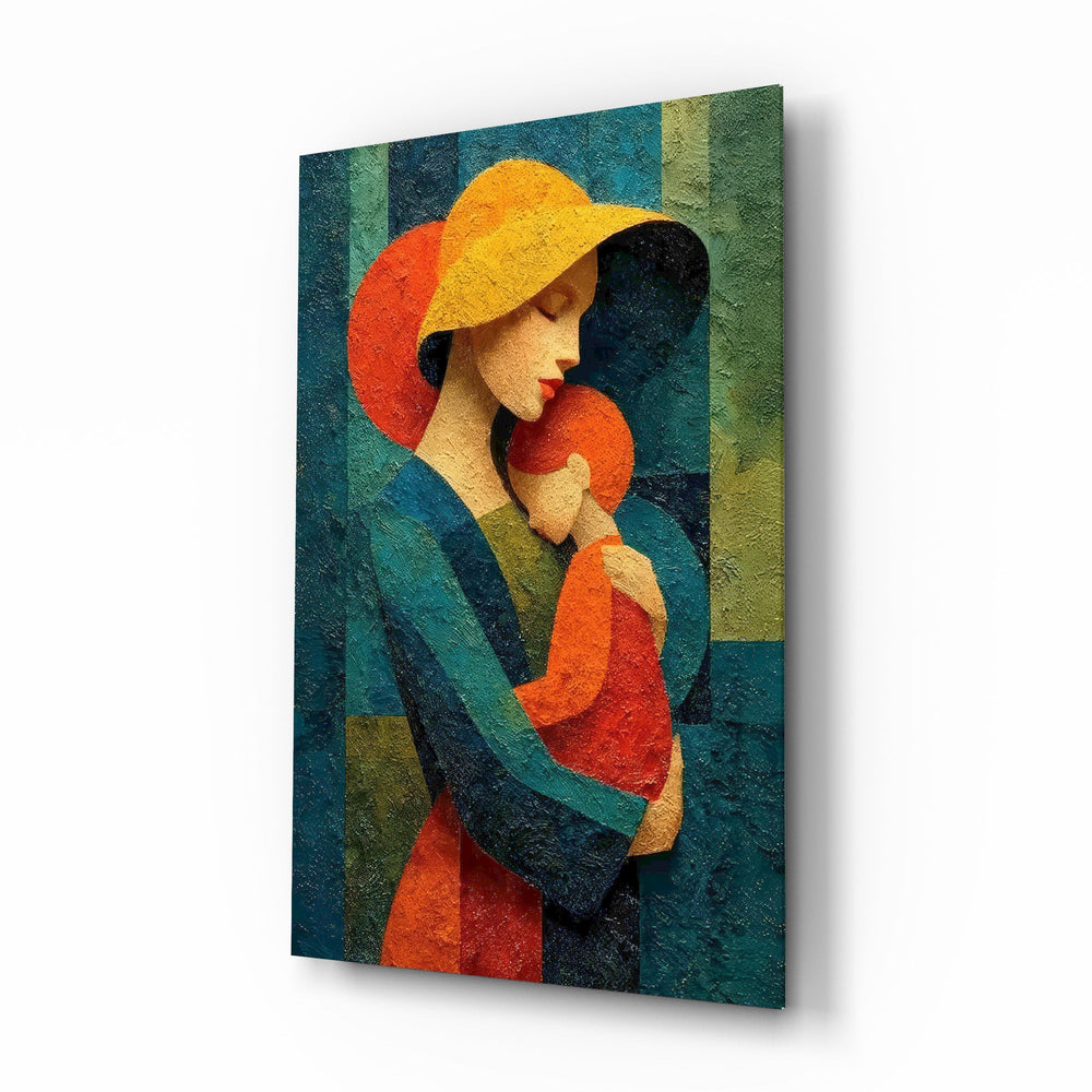 Mother and Child Yellow Hat Textured Glass Wall Art