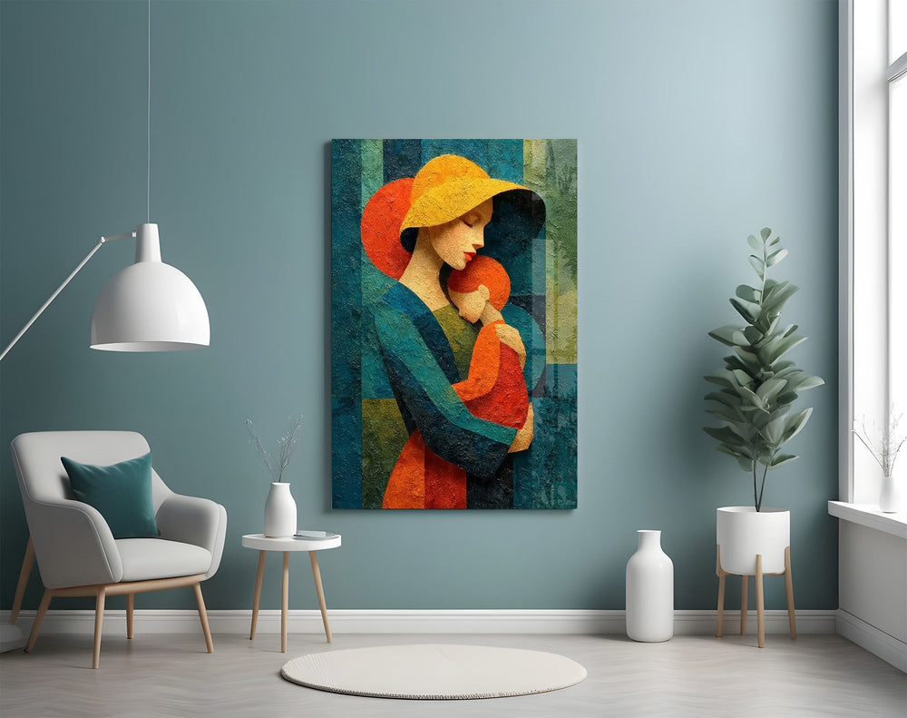 Mother and Child Yellow Hat Textured Glass Wall Art