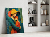 Mother and Child Yellow Hat Textured Glass Wall Art