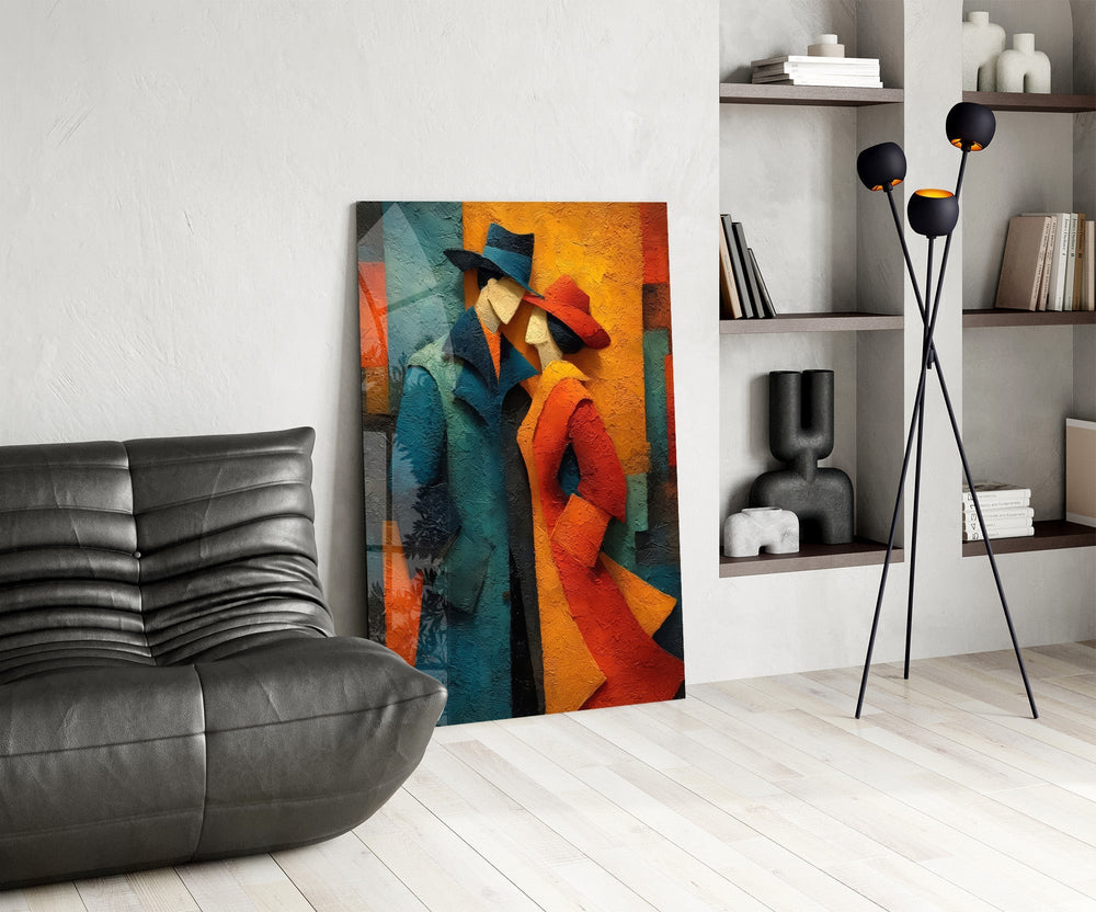Two Figures in Hats Textured Cubist Glass Wall Art