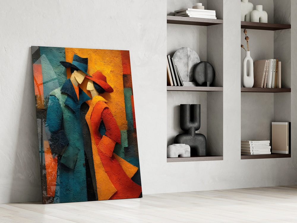 Two Figures in Hats Textured Cubist Glass Wall Art