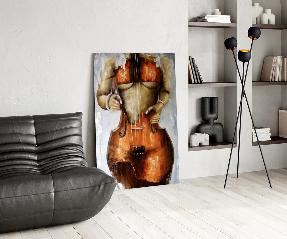 Cello Body Woman Surreal Glass Wall Art
