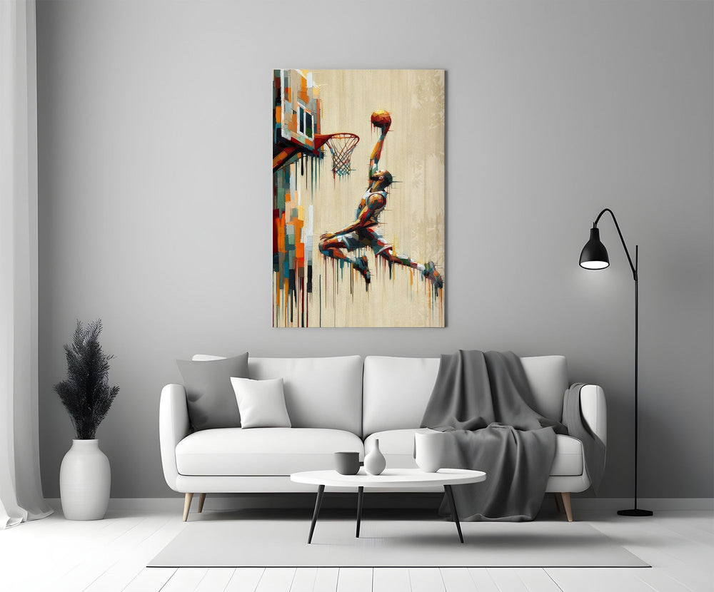 Basketball Dunk Dripping Palette Glass Wall Art