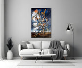 Stilt Figures Under Storm Sky Surreal Glass Wall Art