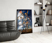 Stilt Figures Under Storm Sky Surreal Glass Wall Art
