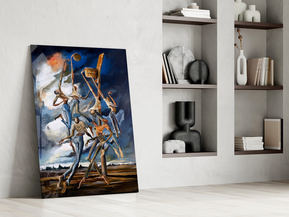 Stilt Figures Under Storm Sky Surreal Glass Wall Art