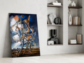 Stilt Figures Under Storm Sky Surreal Glass Wall Art