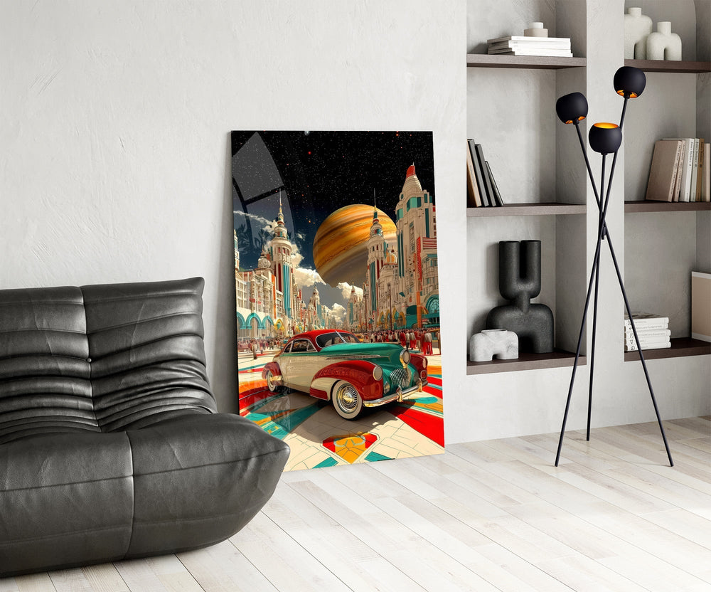Retro Future City and Classic Car Glass Wall Art