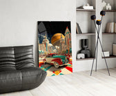 Retro Future City and Classic Car Glass Wall Art