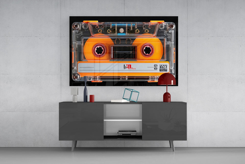 Orange Cassette Tape Macro Glass Wall Art