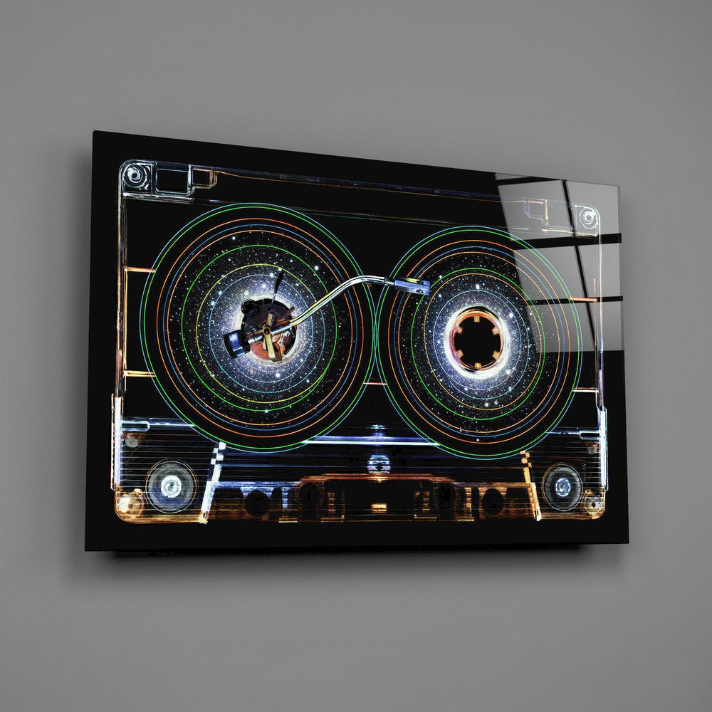 Cosmic Cassette Neon Rings Glass Wall Art
