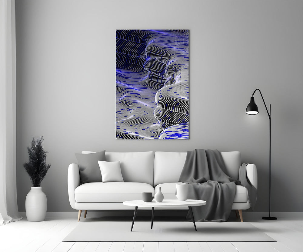 Indigo Line Waves Op Art Glass Wall Art