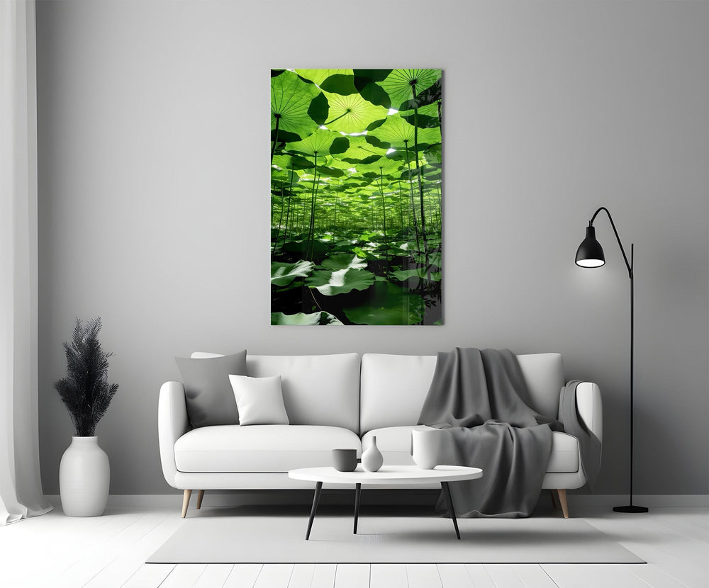 Under the Lotus Leaves Green Glass Wall Art