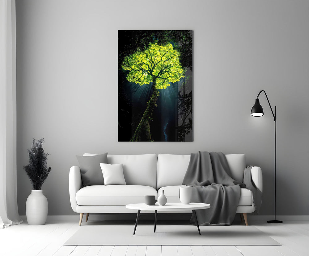 Glowing Golden Tree at Night Glass Wall Art